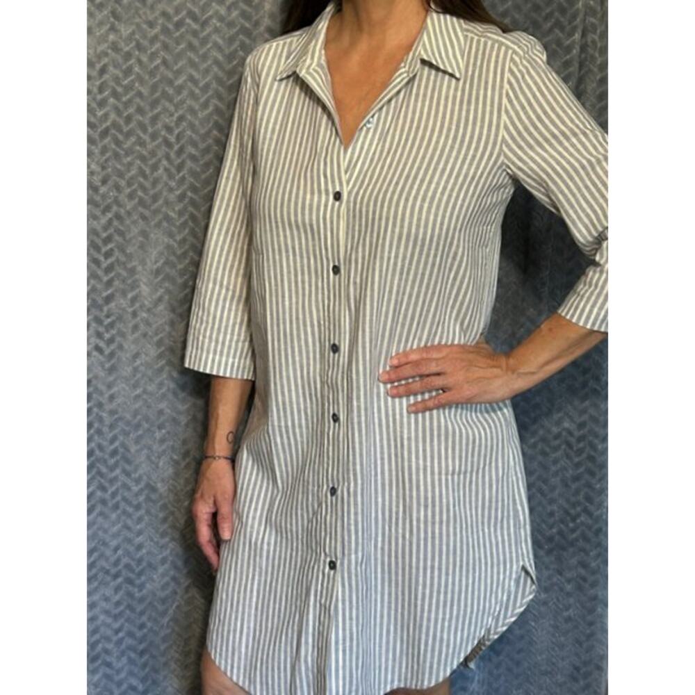 Eileen Fisher Hemp & Organic Cotton Shirtdress - XS Blue/Ivory Classic Comfort